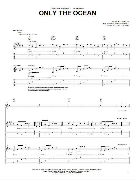 Jack Johnson Only The Ocean Sheet Music Notes & Chords for Guitar Tab - Download or Print PDF