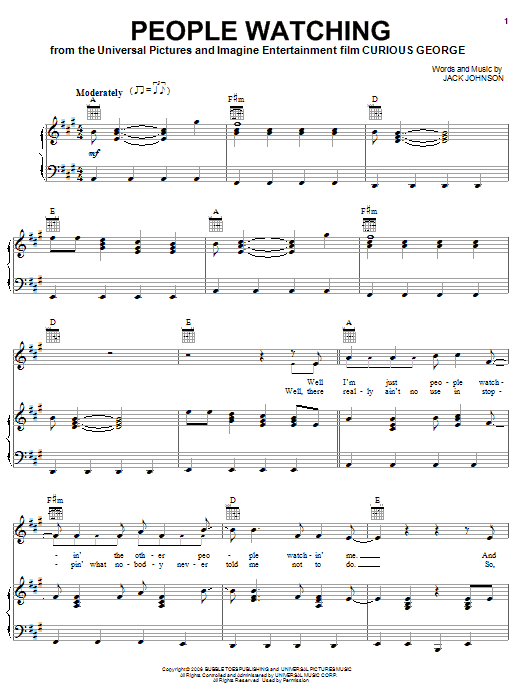 Jack Johnson People Watching Sheet Music Notes & Chords for Piano, Vocal & Guitar (Right-Hand Melody) - Download or Print PDF