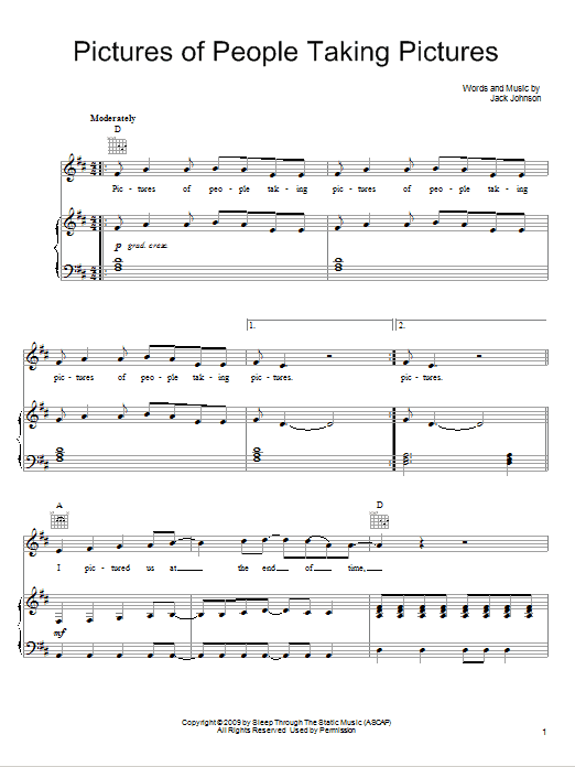 Jack Johnson Pictures Of People Taking Pictures Sheet Music Notes & Chords for Piano, Vocal & Guitar (Right-Hand Melody) - Download or Print PDF