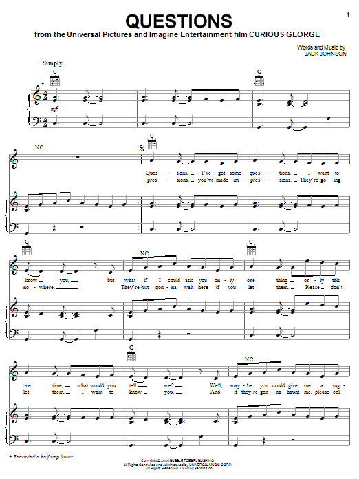 Jack Johnson Questions Sheet Music Notes & Chords for Piano, Vocal & Guitar (Right-Hand Melody) - Download or Print PDF