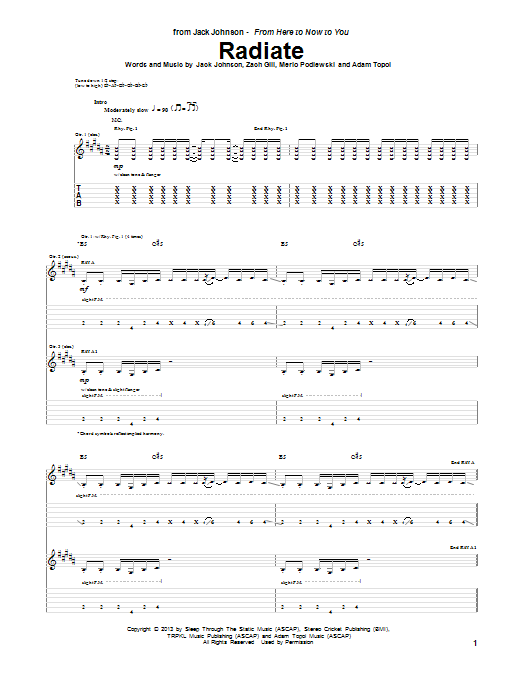 Jack Johnson Radiate Sheet Music Notes & Chords for Guitar Tab - Download or Print PDF