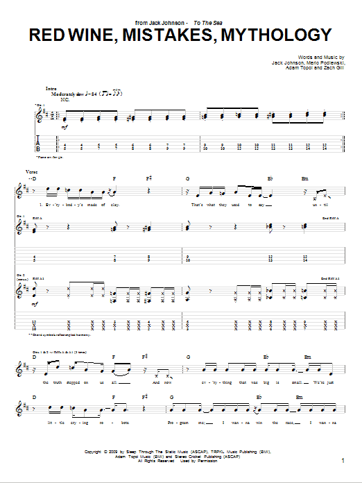 Jack Johnson Red Wine, Mistakes, Mythology Sheet Music Notes & Chords for Guitar Tab - Download or Print PDF