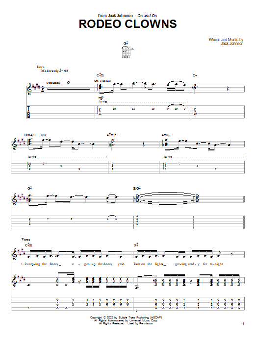 Jack Johnson Rodeo Clowns Sheet Music Notes & Chords for Lyrics & Chords - Download or Print PDF