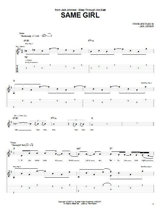 Jack Johnson Same Girl Sheet Music Notes & Chords for Piano, Vocal & Guitar (Right-Hand Melody) - Download or Print PDF