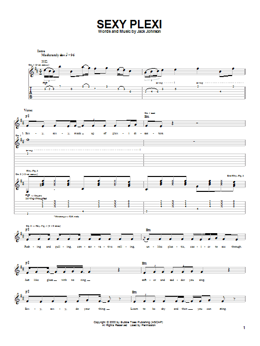 Jack Johnson Sexy Plexi Sheet Music Notes & Chords for Lyrics & Chords - Download or Print PDF