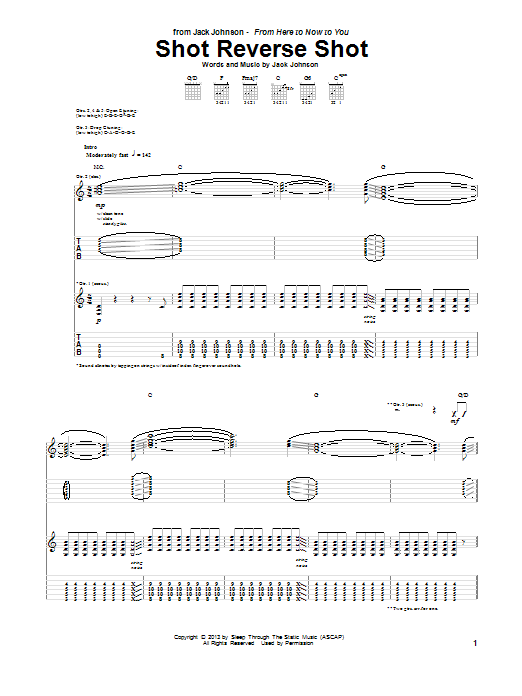Jack Johnson Shot Reverse Shot Sheet Music Notes & Chords for Guitar Tab - Download or Print PDF