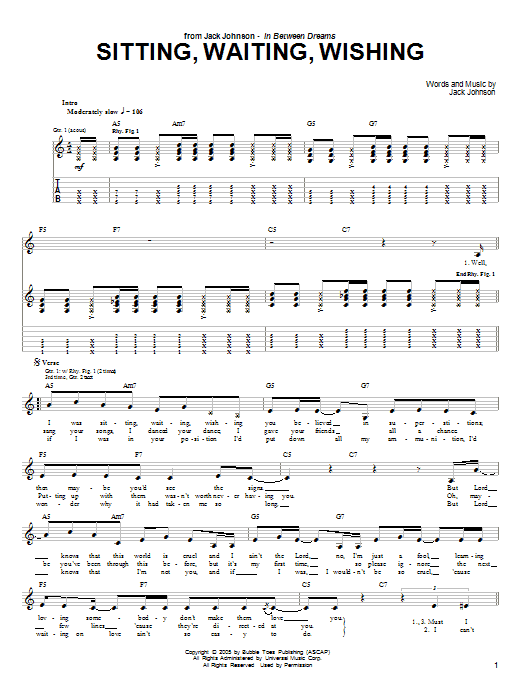 Jack Johnson Sitting, Waiting, Wishing Sheet Music Notes & Chords for Easy Piano - Download or Print PDF