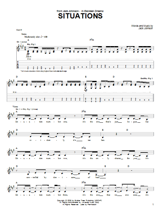 Jack Johnson Situations Sheet Music Notes & Chords for Guitar Tab - Download or Print PDF