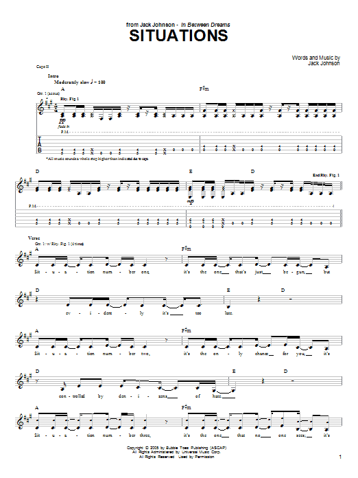 Jack Johnson Situations Sheet Music Notes & Chords for Lyrics & Chords - Download or Print PDF