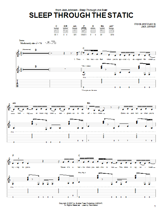 Jack Johnson Sleep Through The Static Sheet Music Notes & Chords for Piano, Vocal & Guitar (Right-Hand Melody) - Download or Print PDF