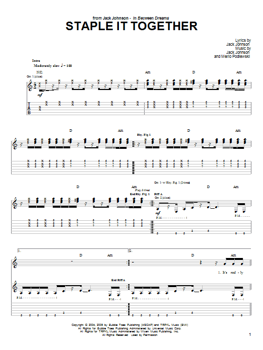 Jack Johnson Staple It Together Sheet Music Notes & Chords for Guitar Tab - Download or Print PDF