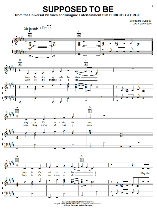 Jack Johnson Supposed To Be Sheet Music Notes & Chords for Piano, Vocal & Guitar (Right-Hand Melody) - Download or Print PDF