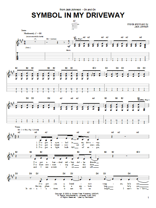 Jack Johnson Symbol In My Driveway Sheet Music Notes & Chords for Guitar Tab - Download or Print PDF