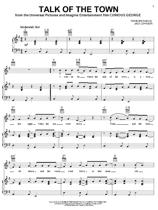 Jack Johnson Talk Of The Town Sheet Music Notes & Chords for Piano, Vocal & Guitar (Right-Hand Melody) - Download or Print PDF