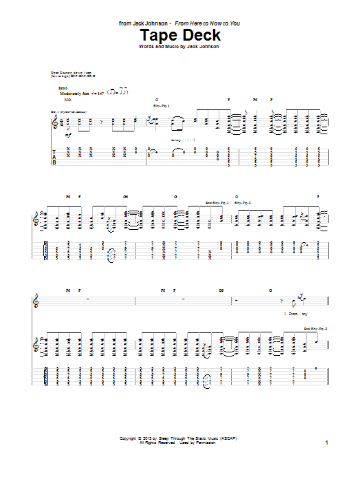 Jack Johnson Tape Deck Sheet Music Notes & Chords for Guitar Tab - Download or Print PDF