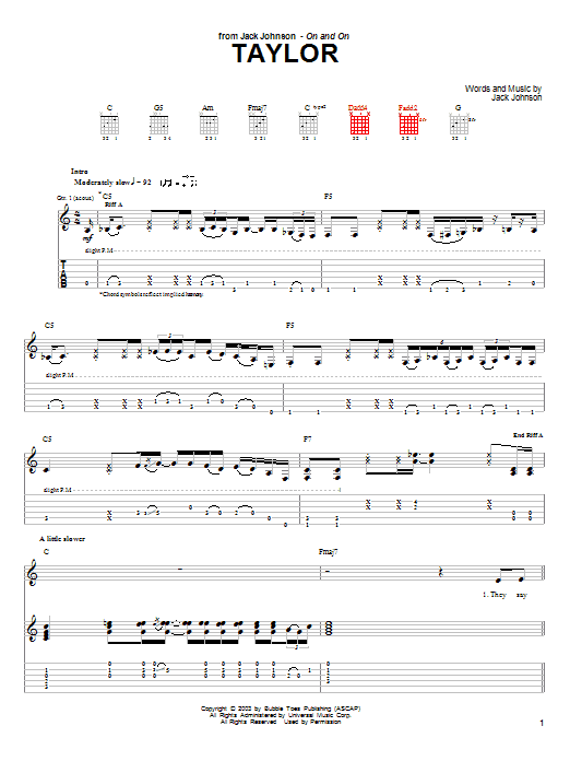 Jack Johnson Taylor Sheet Music Notes & Chords for Guitar Tab - Download or Print PDF
