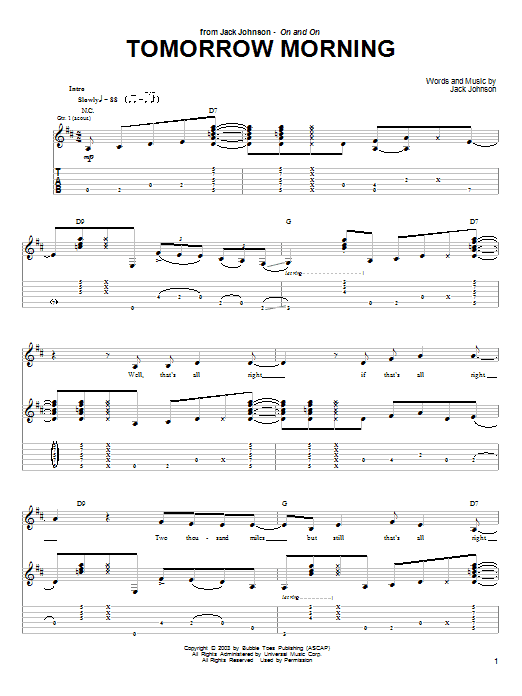 Jack Johnson Tomorrow Morning Sheet Music Notes & Chords for Guitar Tab - Download or Print PDF