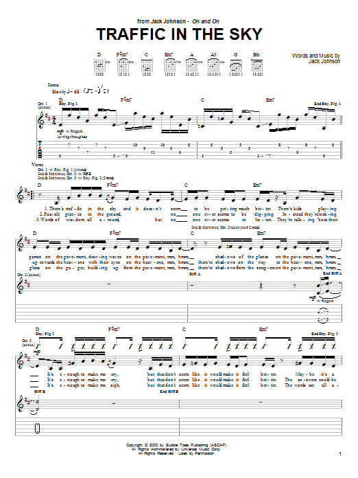 Jack Johnson Traffic In The Sky Sheet Music Notes & Chords for Guitar Tab - Download or Print PDF