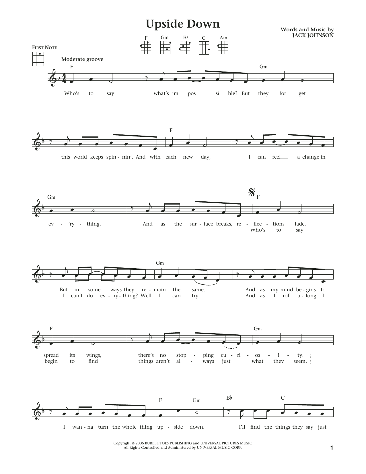 Jack Johnson Upside Down (from The Daily Ukulele) (arr. Liz and Jim Beloff) Sheet Music Notes & Chords for Ukulele - Download or Print PDF