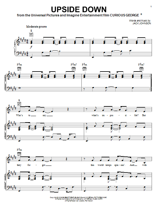 Jack Johnson Upside Down Sheet Music Notes & Chords for Melody Line, Lyrics & Chords - Download or Print PDF