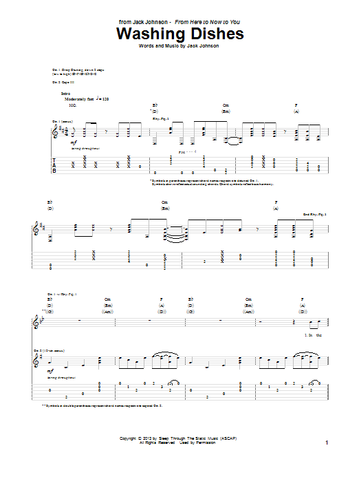 Jack Johnson Washing Dishes Sheet Music Notes & Chords for Easy Guitar Tab - Download or Print PDF