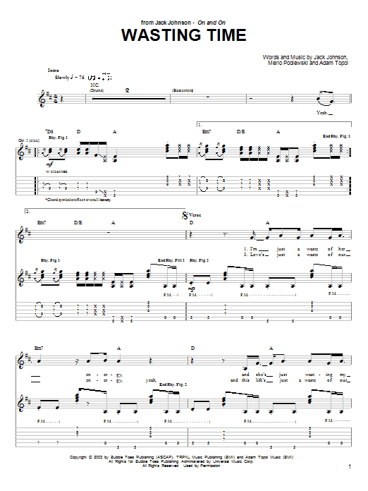 Jack Johnson Wasting Time Sheet Music Notes & Chords for Lyrics & Chords - Download or Print PDF