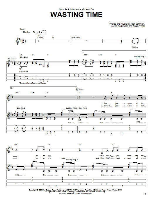 Jack Johnson Wasting Time Sheet Music Notes & Chords for Ukulele with strumming patterns - Download or Print PDF