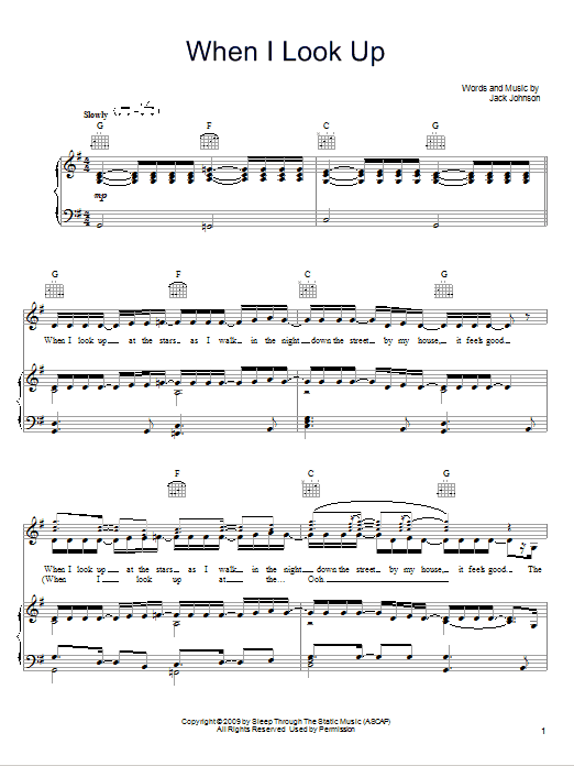 Jack Johnson When I Look Up Sheet Music Notes & Chords for Piano, Vocal & Guitar (Right-Hand Melody) - Download or Print PDF