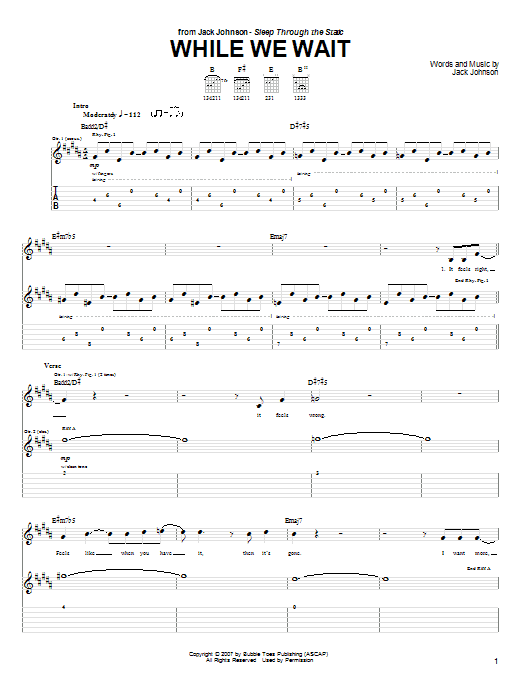 Jack Johnson While We Wait Sheet Music Notes & Chords for Piano, Vocal & Guitar (Right-Hand Melody) - Download or Print PDF