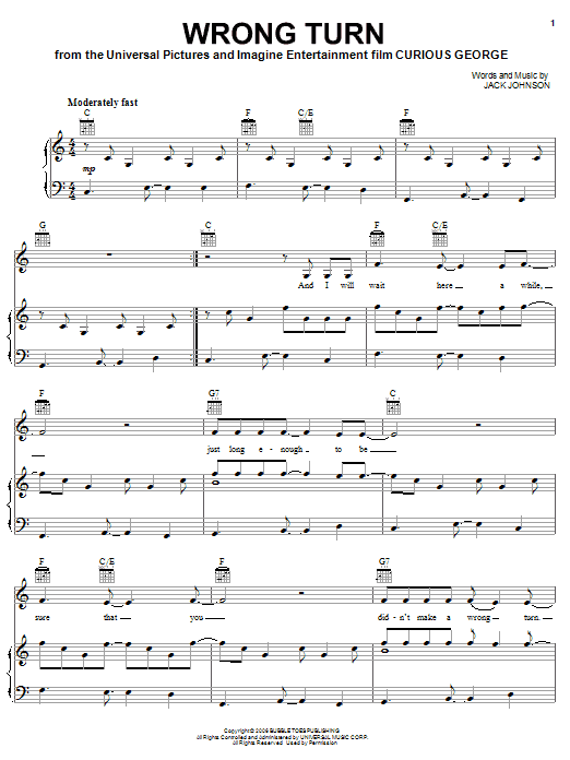 Jack Johnson Wrong Turn Sheet Music Notes & Chords for Piano, Vocal & Guitar (Right-Hand Melody) - Download or Print PDF