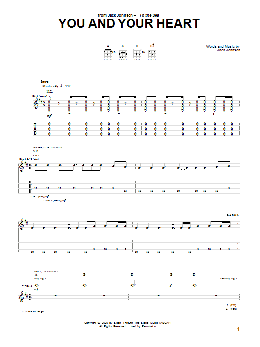 Jack Johnson You And Your Heart Sheet Music Notes & Chords for Guitar Tab - Download or Print PDF