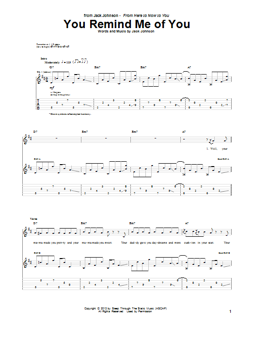 Jack Johnson You Remind Me Of You Sheet Music Notes & Chords for Guitar Tab - Download or Print PDF