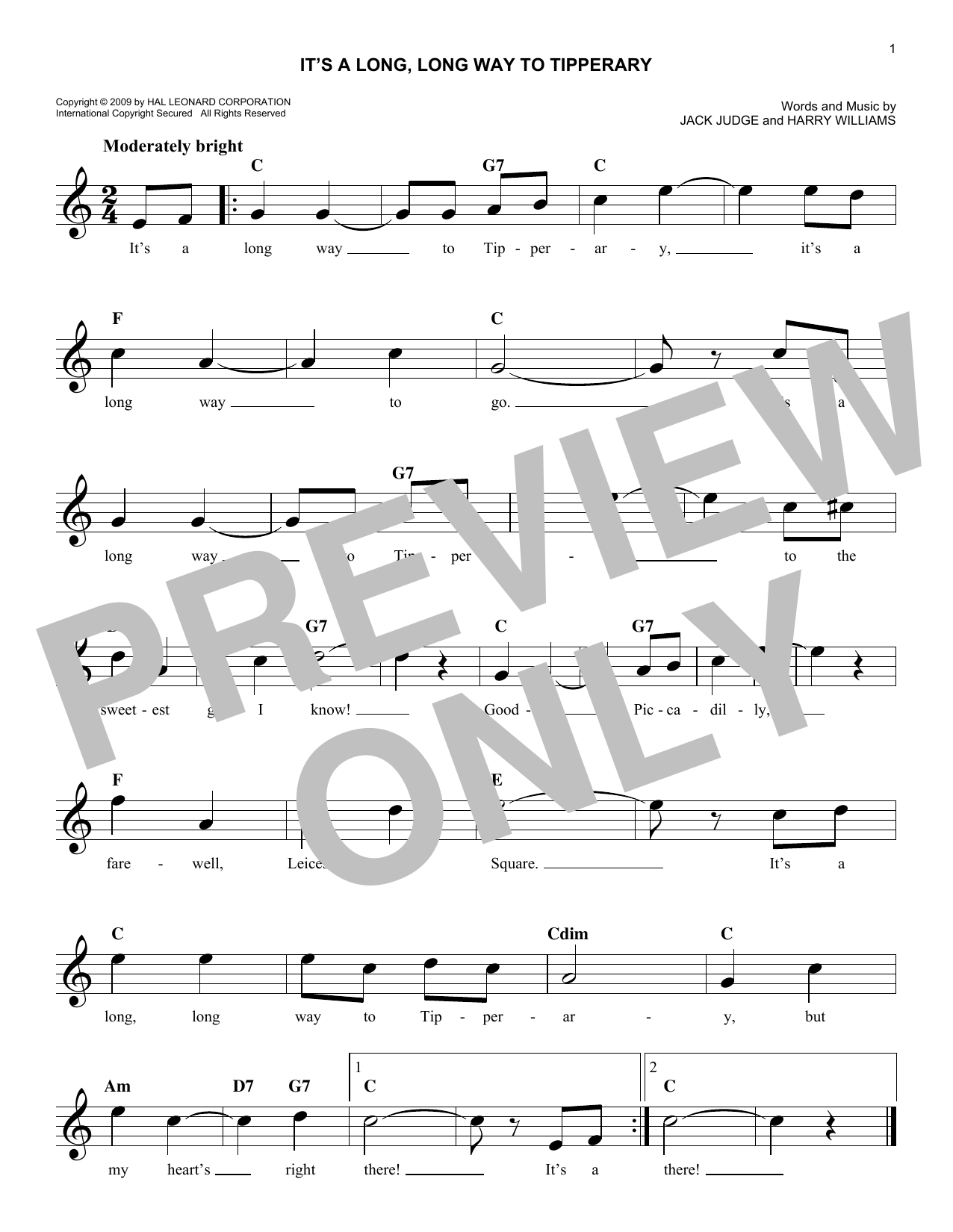 Jack Judge It's A Long, Long Way To Tipperary Sheet Music Notes & Chords for Piano, Vocal & Guitar Chords (Right-Hand Melody) - Download or Print PDF