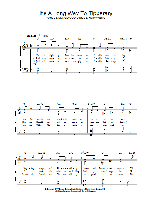 Jack Judge It's A Long Way To Tipperary Sheet Music Notes & Chords for Piano - Download or Print PDF