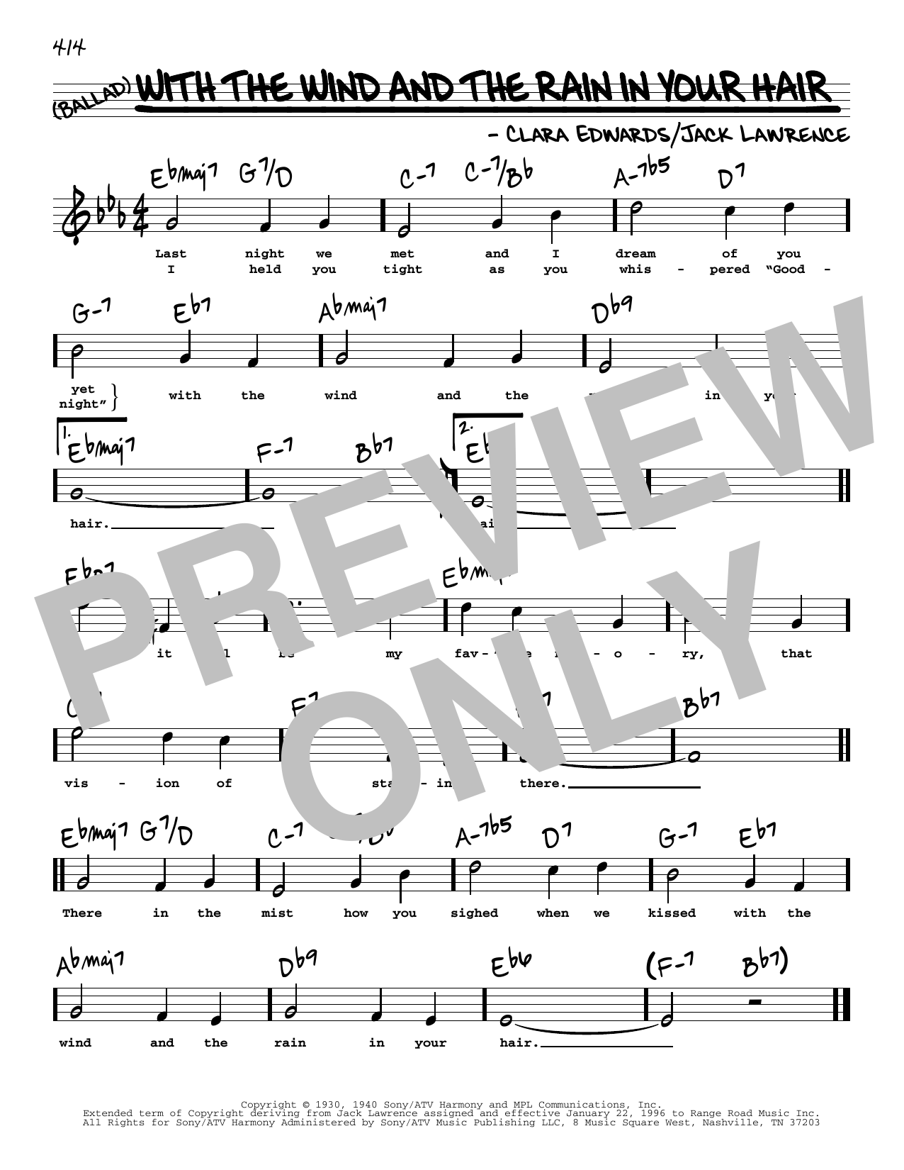 Jack Lawrence and Clara Edwards With The Wind And The Rain In Your Hair (High Voice) Sheet Music Notes & Chords for Real Book – Melody, Lyrics & Chords - Download or Print PDF