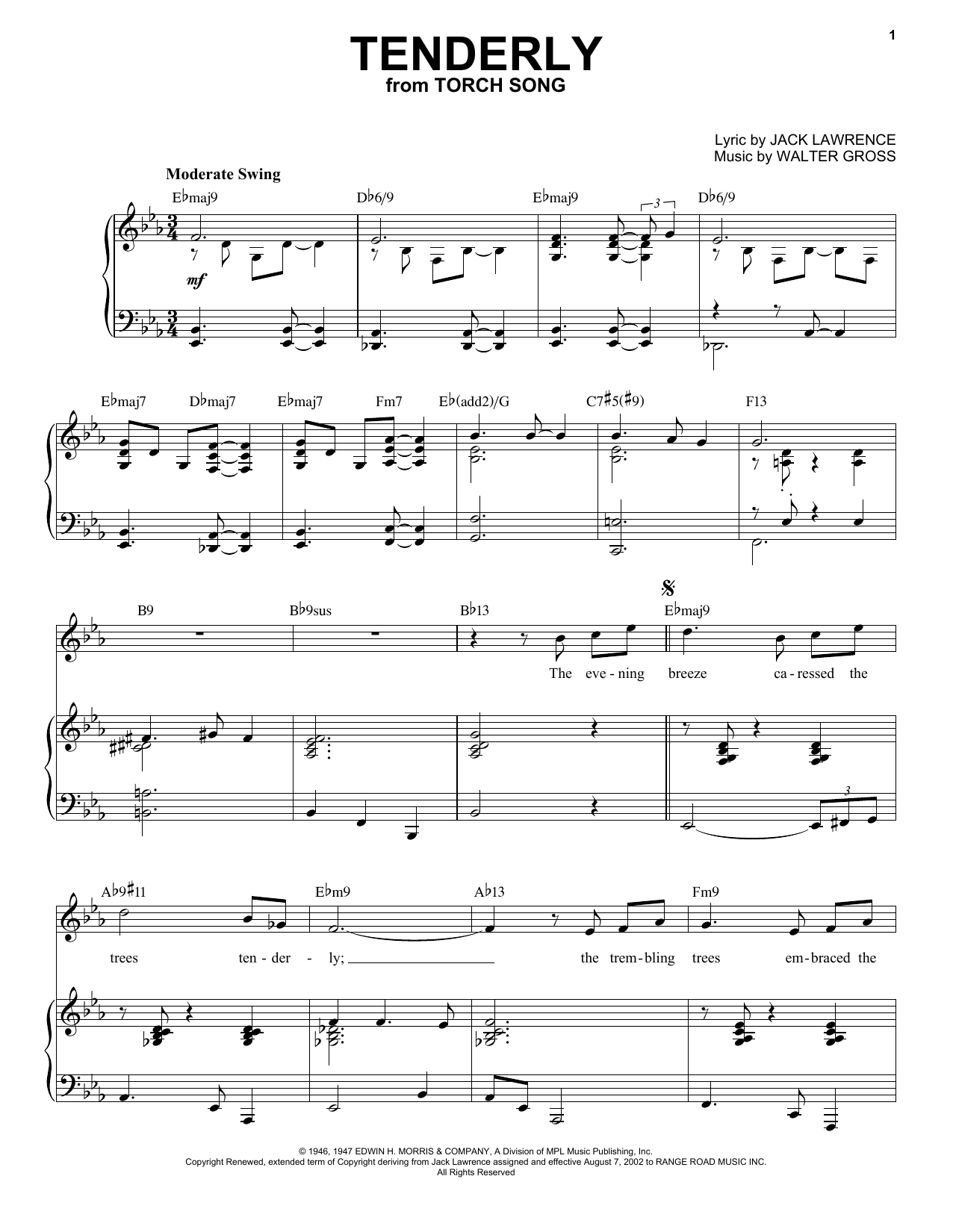 Jack Lawrence and Walter Gross Tenderly [Jazz version] (arr. Brent Edstrom) Sheet Music Notes & Chords for Piano & Vocal - Download or Print PDF