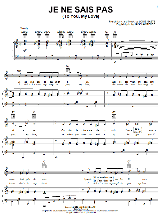 Jack Lawrence Je Ne Sais Pas (To You, My Love) Sheet Music Notes & Chords for Piano, Vocal & Guitar (Right-Hand Melody) - Download or Print PDF
