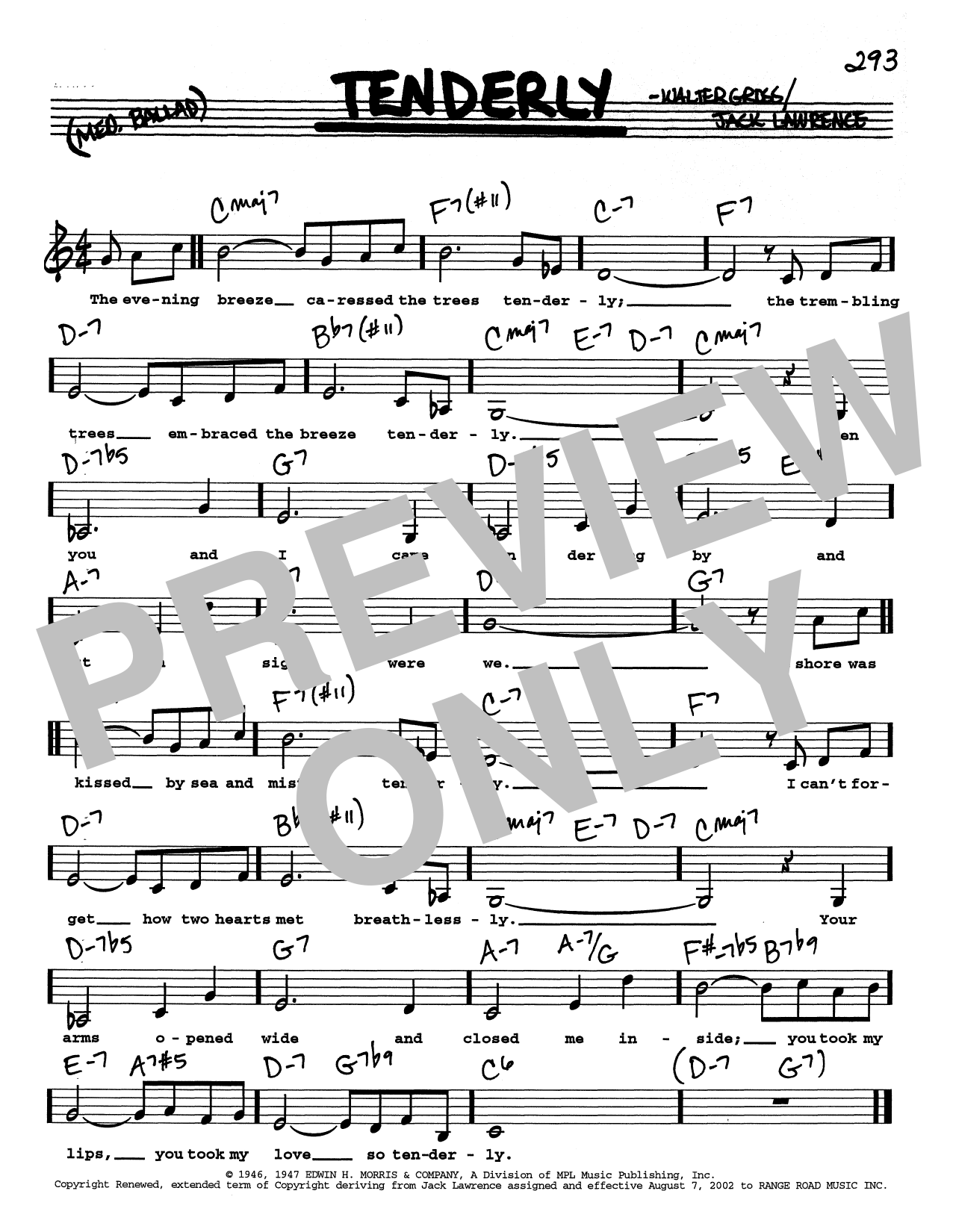 Jack Lawrence Tenderly (Low Voice) Sheet Music Notes & Chords for Real Book – Melody, Lyrics & Chords - Download or Print PDF