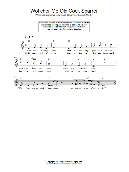 Jack Martin Wot'cher Me Old Cock Sparrer Sheet Music Notes & Chords for Melody Line, Lyrics & Chords - Download or Print PDF