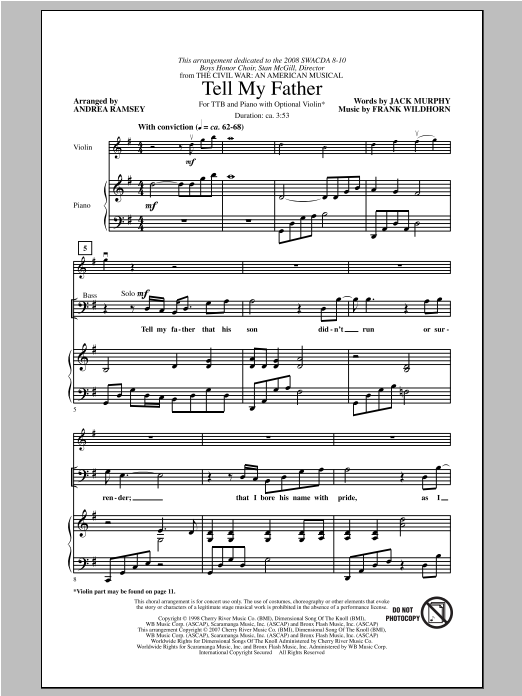 Jack Murphy and Frank Wildhorn Tell My Father (from The Civil War: An American Musical) (arr. Andrea Ramsey) Sheet Music Notes & Chords for TTBB - Download or Print PDF