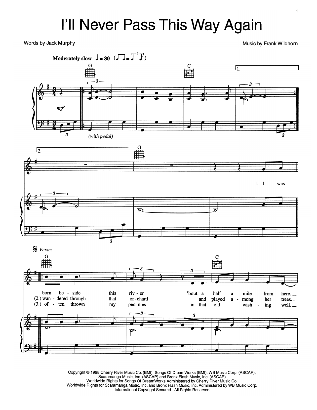 Jack Murphy I'll Never Pass This Way Again Sheet Music Notes & Chords for Piano, Vocal & Guitar (Right-Hand Melody) - Download or Print PDF