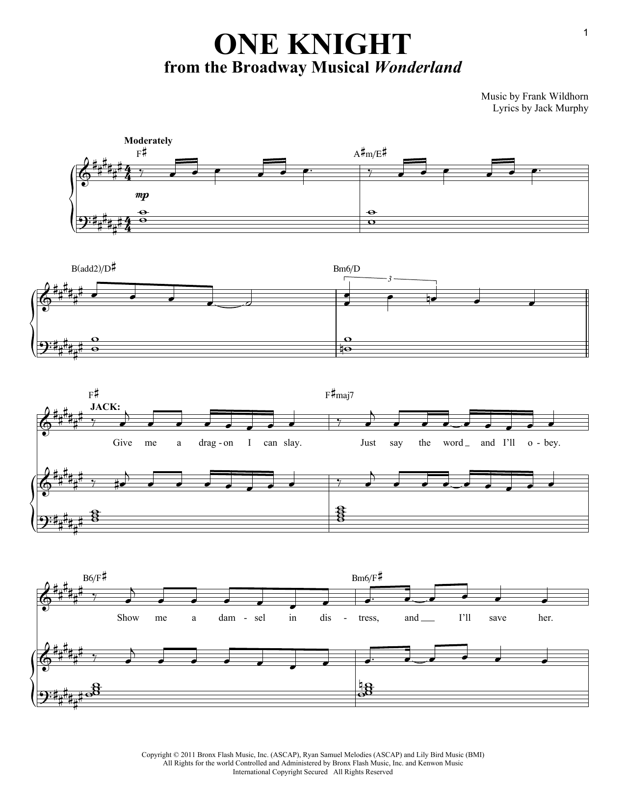 Jack Murphy One Knight Sheet Music Notes & Chords for Piano & Vocal - Download or Print PDF