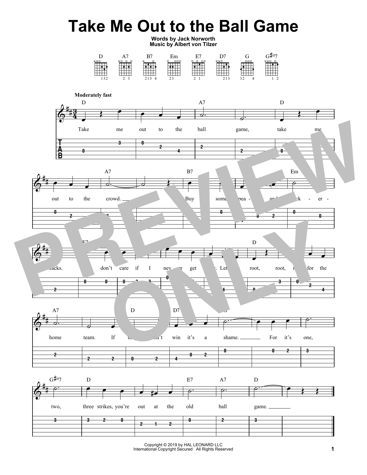Jack Norworth and Albert von Tilzer Take Me Out To The Ball Game Sheet Music Notes & Chords for Easy Guitar Tab - Download or Print PDF