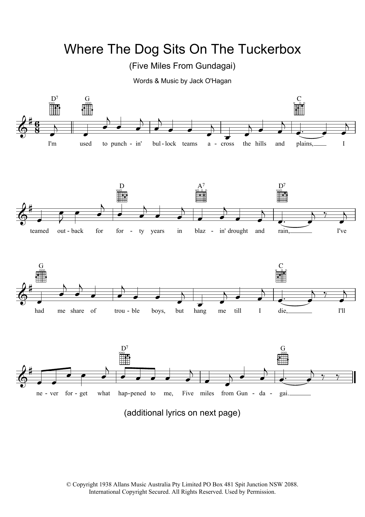 Jack O'Hagan Where The Dog Sits On The Tuckerbox (Five Miles From Gundagai) Sheet Music Notes & Chords for Melody Line, Lyrics & Chords - Download or Print PDF