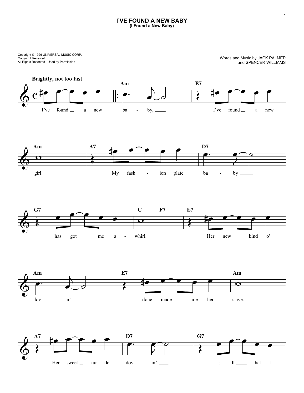 Jack Palmer I've Found A New Baby (I Found A New Baby) Sheet Music Notes & Chords for Melody Line, Lyrics & Chords - Download or Print PDF
