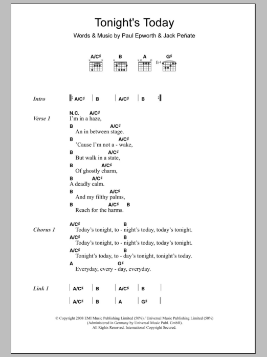 Jack Peñate Tonight's Today Sheet Music Notes & Chords for Lyrics & Chords - Download or Print PDF