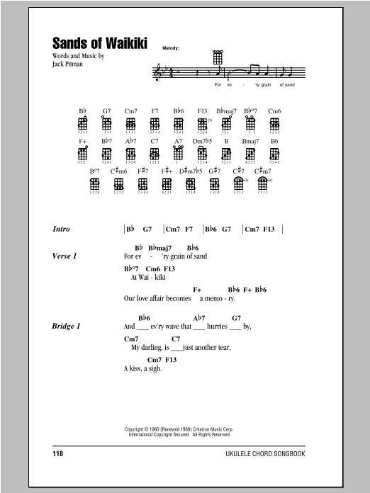 Jack Pitman Sands Of Waikiki Sheet Music Notes & Chords for Piano, Vocal & Guitar (Right-Hand Melody) - Download or Print PDF