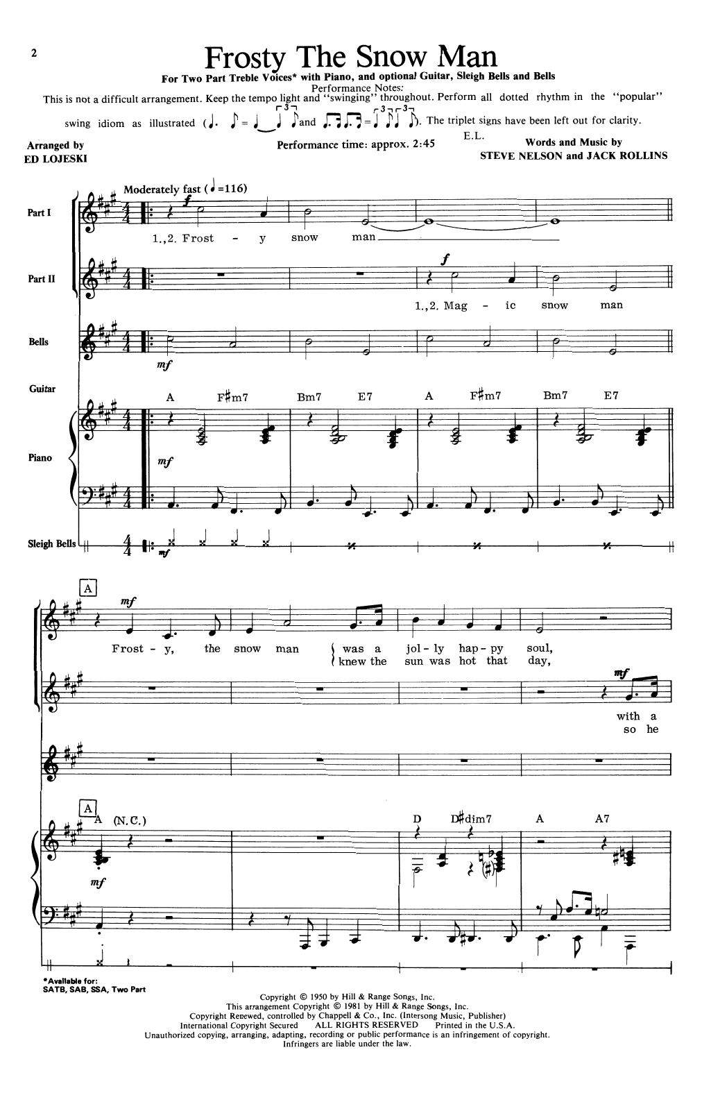 Jack Rollins & Steve Nelson Frosty The Snow Man (arr. Ed Lojeski) Sheet Music Notes & Chords for SAB Choir - Download or Print PDF