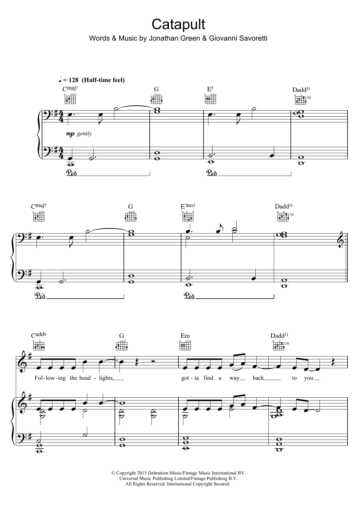 Jack Savoretti Catapult Sheet Music Notes & Chords for Piano, Vocal & Guitar (Right-Hand Melody) - Download or Print PDF