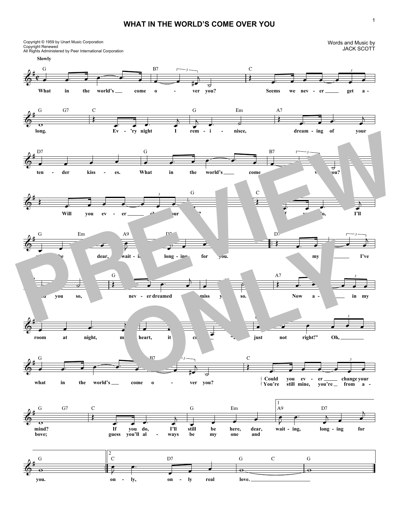 Jack Scott What In The World's Come Over You Sheet Music Notes & Chords for Melody Line, Lyrics & Chords - Download or Print PDF